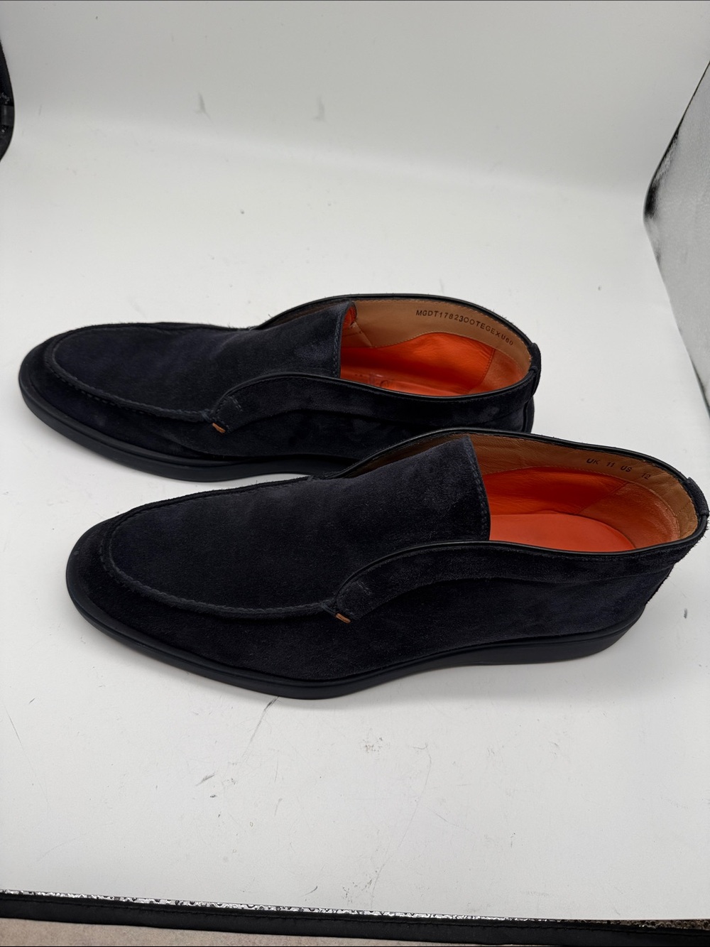Santoni Dark Navy Suede Slip-On Loafers with Orange Lining